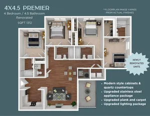 Spacious 4-bedroom, 4.5-bathroom Premier floor plan with 1312 sq ft, featuring modern upgrades like quartz countertops, stainless steel appliances, and enhanced lighting. Newly renovated with a stylish open-concept living area.