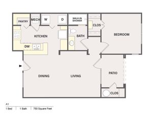 Modern 1-bedroom, 1-bath apartment floor plan featuring open dining and living area, spacious kitchen with pantry, and private patio. Total 750 square feet.
