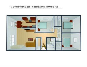 Three bedroom, one bath floorplan