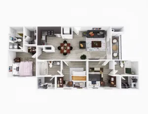 Modern 3D floor plan showcasing 3 bedrooms, a cozy living room, dining area, sleek kitchen, and two stylish bathrooms with a private balcony.