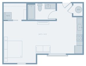 Contemporary studio floor plan featuring a spacious living area, modern kitchen, and bathroom with washer/dryer.