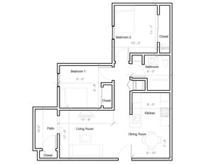 Charming floor plan featuring 2 bedrooms, a cozy living room with patio access, modern kitchen, and inviting dining area.
