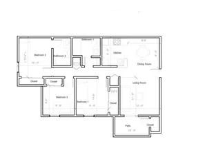 Contemporary floor plan showcasing 3 bedrooms, 2 bathrooms, with an open-concept kitchen and dining area, spacious living room, and private patio.