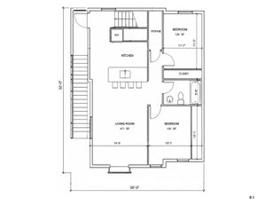 Elegant floor plan featuring an open-concept kitchen, spacious living room, and two cozy bedrooms, ideal for modern living.