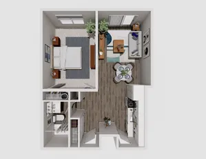 Contemporary 3D floor plan showcasing a cozy one-bedroom apartment with a modern open-concept living area and stylish kitchen.