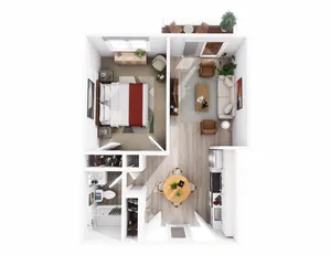 Charming one-bedroom apartment floor plan featuring a cozy living space, modern kitchen, and private balcony.