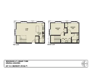 Contemporary floor plan of Residences at Library Park, Kenosha, featuring a 2-bedroom layout with a spacious living area and modern kitchen, across 1219 sq ft.