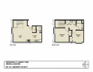 Charming floor plan of a two-story unit at Residences at Library Park, Kenosha, Wisconsin, featuring 2 bedrooms, a spacious living area, and modern kitchen, covering 1191 sq ft.