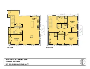 Elegant floor plan of Residences at Library Park in Kenosha, Wisconsin, featuring a spacious 3-bedroom layout across 1932 sq ft with a modern kitchen and open living area.
