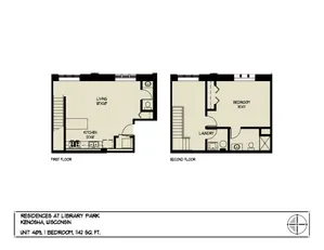 Inviting 2-level floor plan of Residences at Library Park in Kenosha, Wisconsin, showcasing a spacious 1-bedroom unit with modern kitchen, living area, laundry, and ample storage, 1142 sq ft.