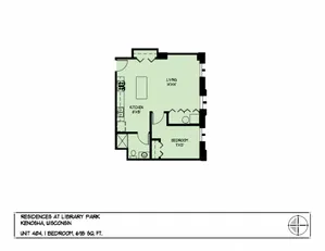 Charming 2D floor plan of Residences at Library Park in Kenosha, Wisconsin, featuring 1 bedroom, a spacious living area, and modern kitchen in a cozy 635 sq ft layout.