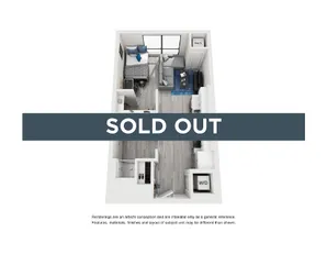 Chic and contemporary 3D floor plan showcasing a stylishly designed bedroom, cozy living area, and modern kitchen layout, marked sold out.