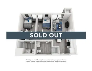 Chic 3D floor plan showcasing two cozy bedrooms, a stylish living room, modern kitchen, and ample storage space, marked as sold out.