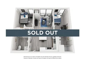 Contemporary 3D floor plan featuring modern 2-bedroom layout with open-concept living area and kitchen, stylish home design.