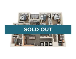 Modern 3D floor plan featuring 3 bedrooms, sleek open kitchen, and cozy living area, marked as sold out.