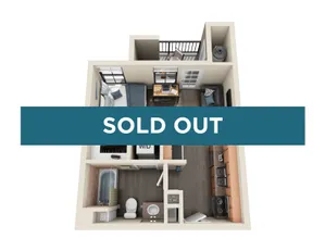 Chic 3D floor plan with a cozy bedroom, stylish living room, compact kitchen, and private balcony, showcasing modern apartment layout.