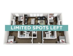 Modern 3D floor plan showcasing three bedrooms, a spacious living room, and a contemporary kitchen. Limited spots left for this stylish apartment layout.