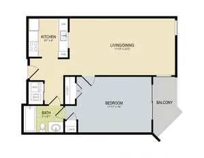 Floor plan showcasing a stylish layout with one bedroom, a spacious living/dining area, modern kitchen, and a balcony.