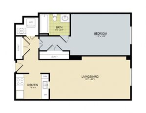Efficient floor plan featuring one bedroom, a well-equipped kitchen, spacious living/dining area, and a modern bathroom.