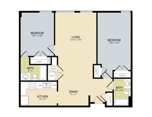Chic floor plan with two bedrooms, a modern kitchen, and spacious living and dining areas.