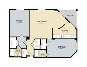Sleek 2D floor plan illustrating two bedrooms, expansive living/dining area, and modern kitchen with balcony.
