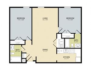 2D floor plan displaying two bedrooms, open living area, kitchen, and two baths.