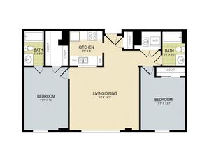 Modern 2D floor plan with 2 bedrooms, expansive living/dining area, and a well-equipped kitchen.