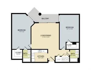 Elegant 2D floor plan with 2 bedrooms, expansive living/dining area, modern kitchen, and a balcony.