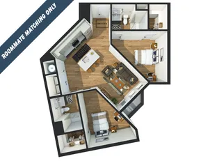 Modern 3D floor plan showcasing a roommate-friendly layout with two cozy bedrooms, a stylish open kitchen, and a welcoming living area.