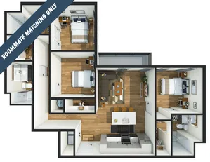 Contemporary 3-bedroom apartment floor plan with open-concept living and dining area, sleek kitchen, and two modern bathrooms.