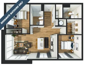 Modern 3D floor plan showcasing a two-bedroom apartment with a stylish open-concept living area, gourmet kitchen, and elegant bathrooms. Ideal for roommate matching and contemporary living.