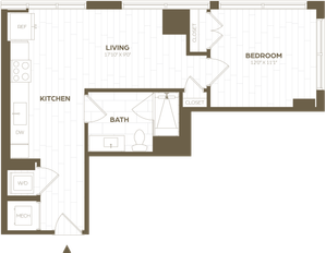 Modern floor plan illustrating 1-bedroom apartment with open kitchen, living area, bath, and ample closet space.