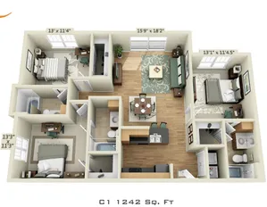 3D floor plan of a 1242 sq. ft. apartment with three bedrooms, a large living room, and an open kitchen-dining area.
