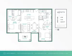 Modern floor plan for Unit B2 featuring 2 spacious bedrooms, 2 elegant bathrooms, open-concept living and dining area, a stylish kitchen, and a convenient patio/deck, totaling 1099 sq ft.