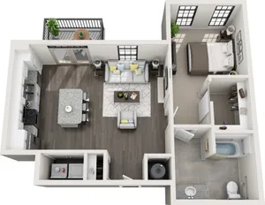 Modern 3D floor plan showcasing a spacious one-bedroom apartment with an open-concept kitchen, cozy living room with fireplace, private balcony, and well-appointed bathroom.