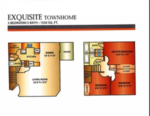 Exquisite townhome floor plan showcasing 3 bedrooms, 3 baths, a spacious living room, dining area, kitchen, and inviting patio, spanning 1550 sq ft.