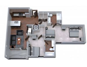 Modern 3D floor plan showcasing 3 bedrooms, a spacious living area, and a sleek kitchen with breakfast bar.