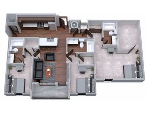 Modern 3D floor plan featuring three spacious bedrooms, open-concept living and dining area, sleek kitchen with island, and two elegant bathrooms.