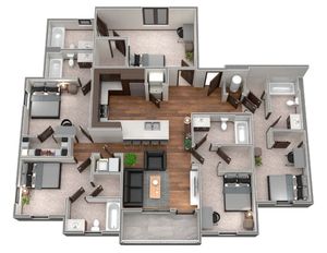 Inviting 3D floor plan showcasing 3 cozy bedrooms, sleek open kitchen, spacious living area, and modern bathrooms, designed for comfortable urban living.