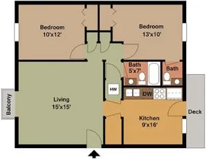 2 bedroom, 1.5 bathroom floor plan at Harvard Apartments in Springfield, MO. Layout features a large living room, spacious kitchen, full bathroom with dual sinks, additional half bath, and two bedrooms with double closets.