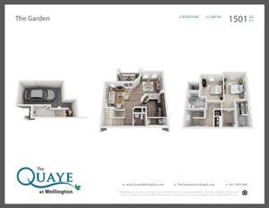 Garden two bedroom two and a half bathroom town home with single car garage 3D floor plan, 1,501 sq. ft.