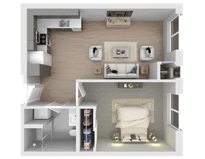 Modern 2D apartment floor plan featuring an open-concept living room, sleek kitchen, elegant bedroom, and stylish bathroom.