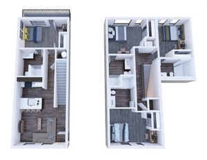 Republic on Main 2-level floor plan showcasing 3 bedrooms, contemporary kitchen with island, and spacious living area with natural light in Moscow, ID