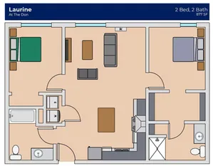 Laurine floor plan at The Don showcasing a modern layout with 2 bedrooms, 2 bathrooms, open-concept living area, and compact kitchen within 877 sq ft.
