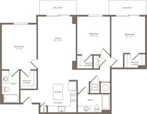 1245 square foot three bedroom two bath apartment floorplan image