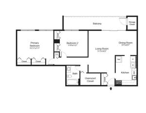 Modern 2D floor plan featuring a spacious primary bedroom, additional bedroom, open living room, kitchen, dining area, and balcony access with ample storage options.
