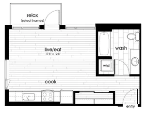 Contemporary studio apartment floor plan featuring a spacious living and dining area, kitchen, bathroom, and balcony.