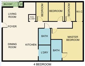 Elegant 4-bedroom floor plan featuring a spacious living and dining area, modern kitchen, master bedroom with walk-in closet, and a cozy balcony in a contemporary layout.