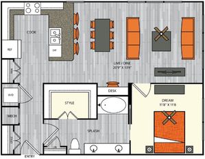 1 bedroom 1 bath apartment with dining area, built in desk, walk in closet and 889 sq ft