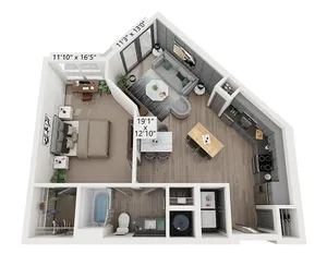 Modern 3D floor plan showcasing a spacious one-bedroom apartment with an open-concept living and dining area, sleek kitchen, and a cozy office nook.